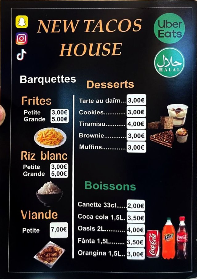 Carte des barquettes de frites, riz blanc et viande, des desserts tarte au daim, cookies, tiramisu, brownie et muffins, et des boissons, avec leurs prix.