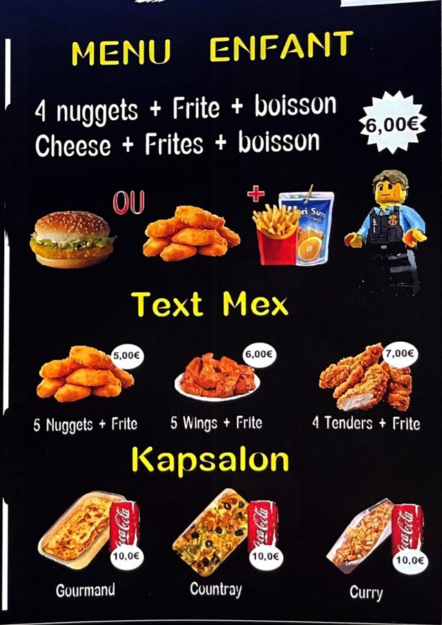 Carte présentant le menu enfant à 6 €, les formules Tex-Mex nuggets, wings et tenders avec frites, et les kapsalons gourmand, countray et curry, avec leurs prix.