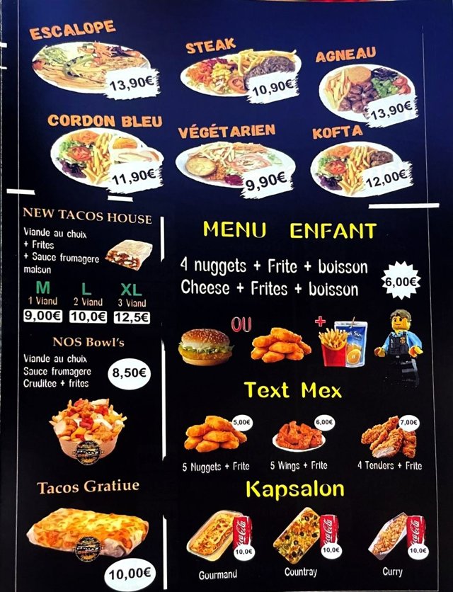Carte des assiettes escalope, steak, agneau, cordon bleu, végétarienne et kofta, des tacos M, L et XL, des bowls, du tacos gratiné et du menu enfant, avec leurs prix.