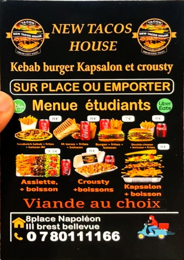 Carte des menus étudiants de New Tacos House : sandwich kebab, M tacos, burger, double cheese, assiette, crousty et kapsalon, chacun avec boisson et prix.