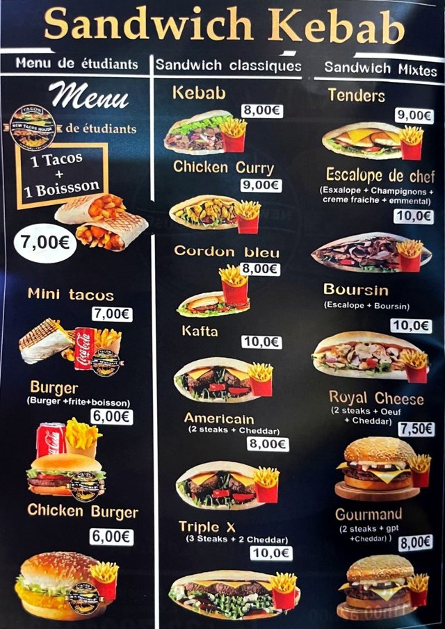 Carte des sandwichs : kebab, chicken curry, cordon bleu, kafta, américain, triple X, tenders, escalope de chef, boursin, burgers et formule étudiante, avec leurs prix.